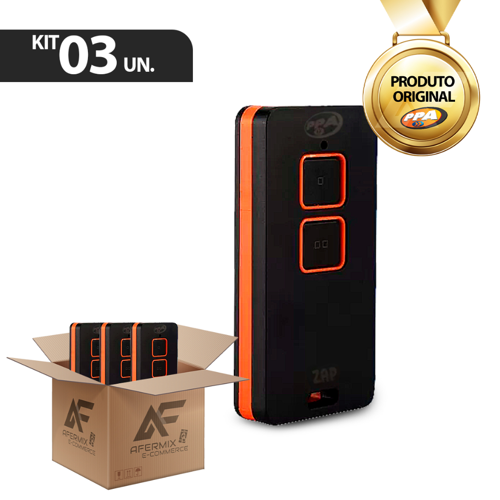 Kit 3 Controle Remoto PPA Zap 2 Botões Portão Alarme Preto/Laranja 433,92mHz