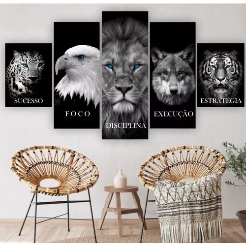 Quadro Decorativo 5 Peças Mosaico Motivacional Foco Disciplina Execução Quadro Placa MDF 4K FULL