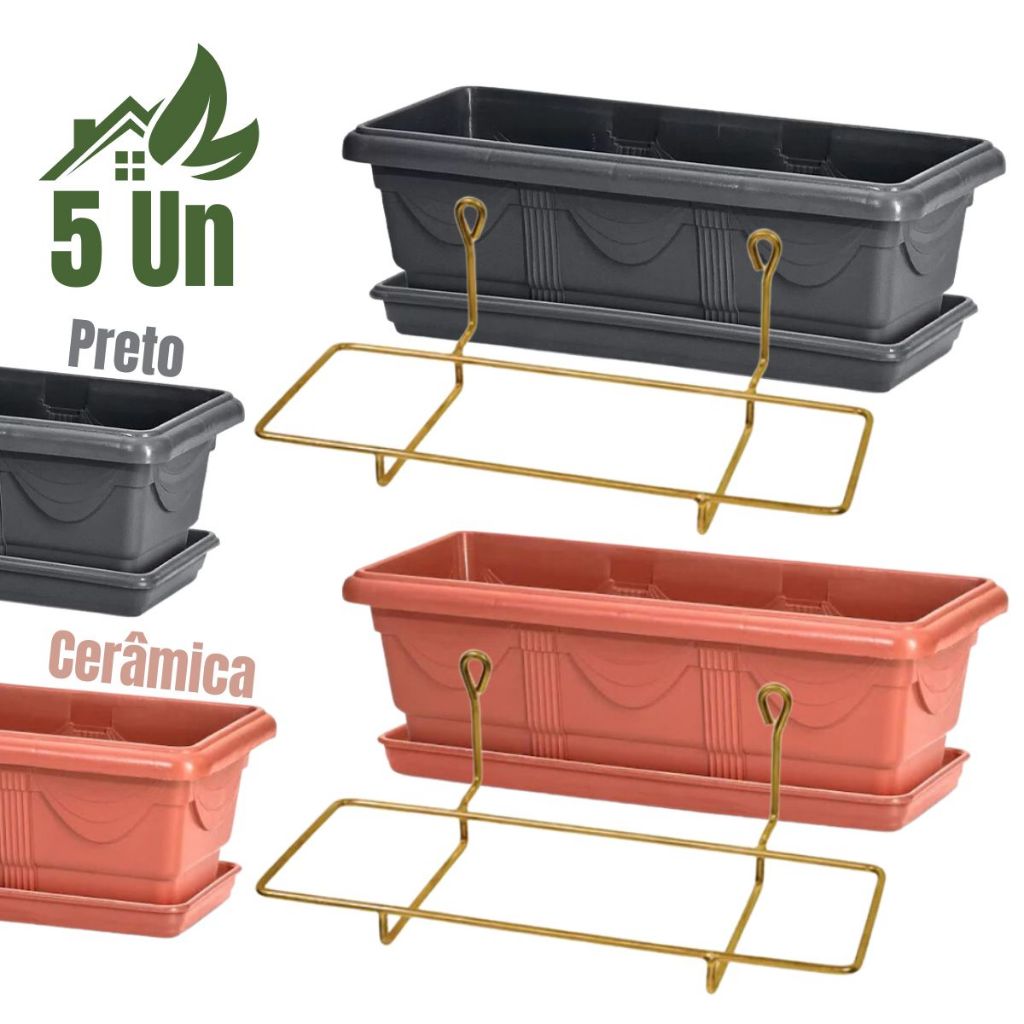 5 Vaso Jardineira De Plástico Com Prato Brinde 35cm Suspenso Com Suporte Mão Francesa Dourado Para Pendurar na Parede