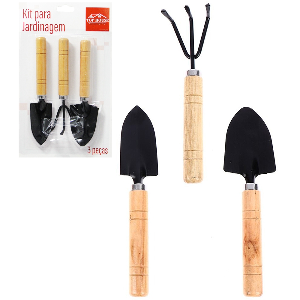 KIT PARA JARDIM JARDINAGEM 3 PEÇAS -COM 02 PÁS + 01 ANCINHO/ RASTELO CABO DE MADEIRA