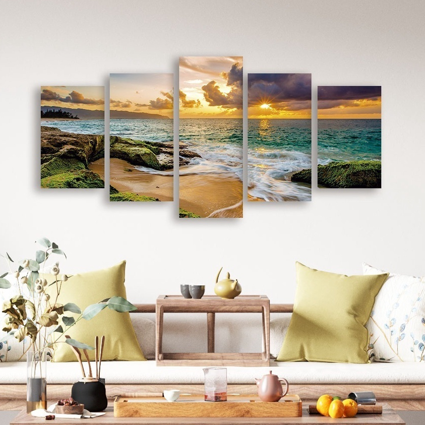 Quadro Decorativo 5 Peças Mosaico Paisagem Nascer Do Sol Praia Mar Quadro Placa MDF 4K Full