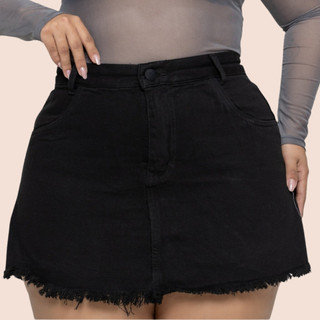 Short Saia Jeans Preto Plus Size Feminino Cintura Alta