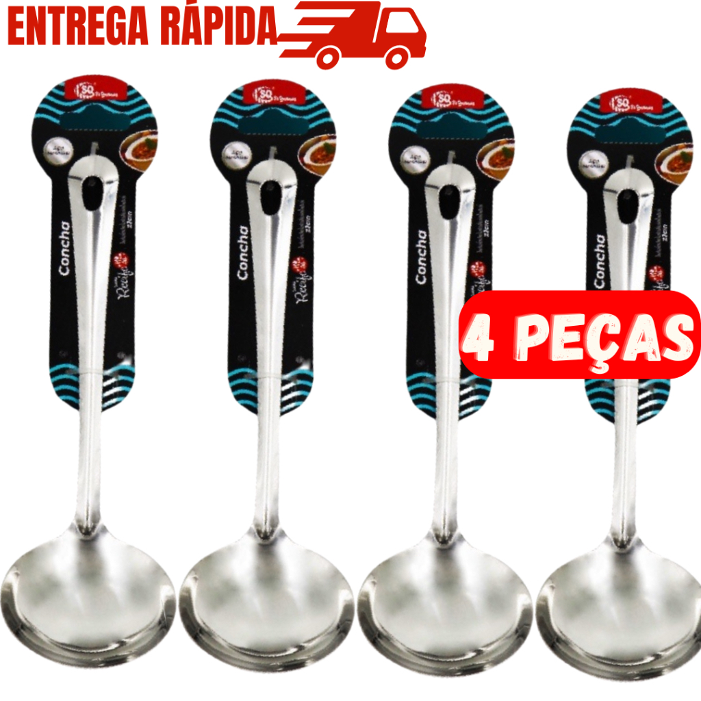 Kit 4 Concha De Feijão Sopa Caldo Molho Inox 23 Cm Utensílio De Cozinha Para Jantar Almoço Festas