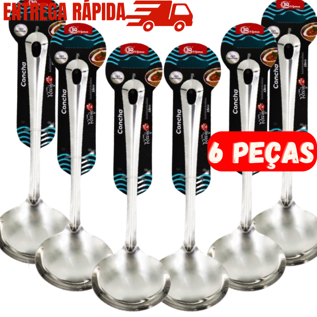 Kit 6 Concha De Feijão Sopa Caldo Molho Inox 23 Cm Utensílio De Cozinha Para Jantar Almoço Festas