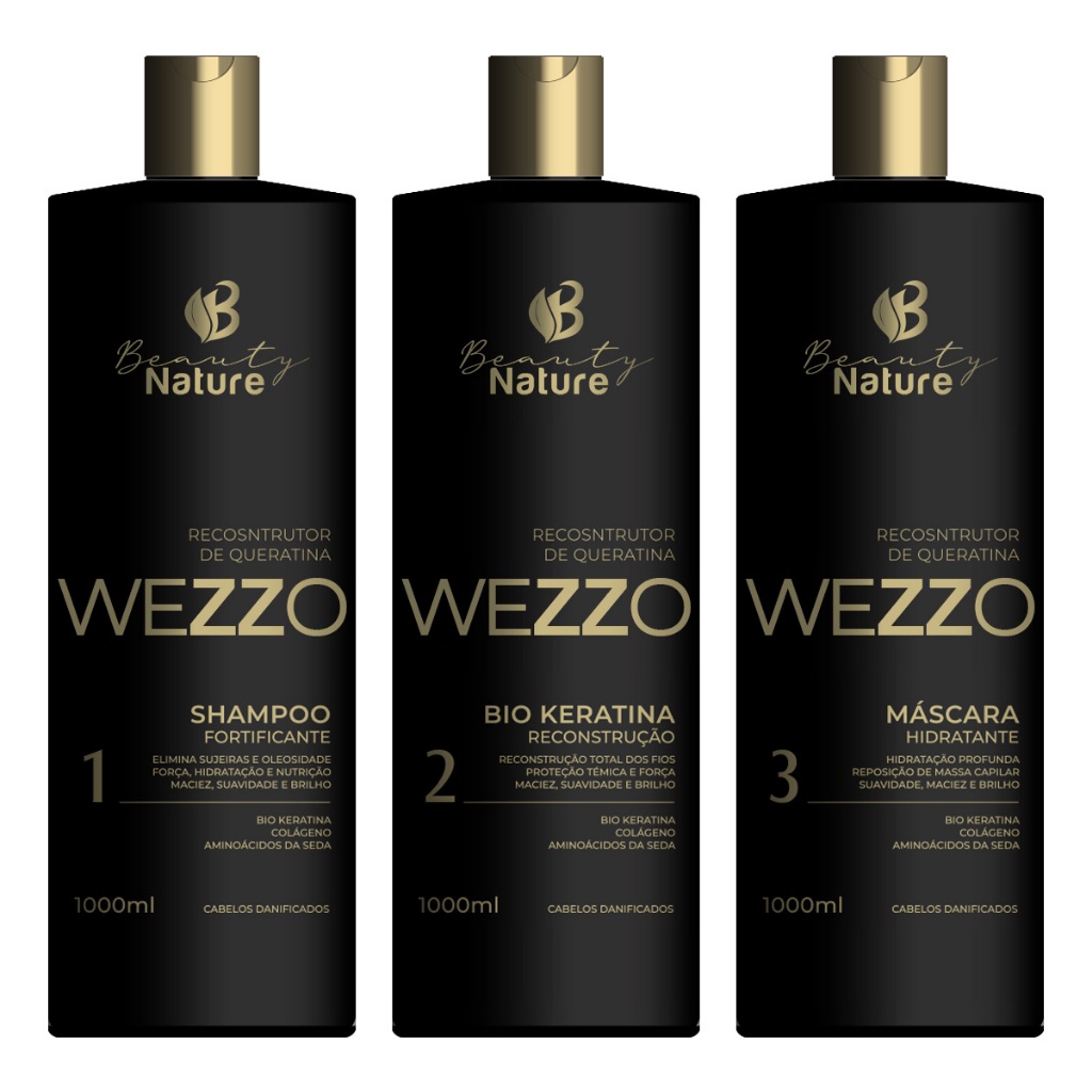 Kit Cauterização Wezzo Beauty Nature Reposição de Queratina Hidratação e Reconstrução 3 Passos 1L