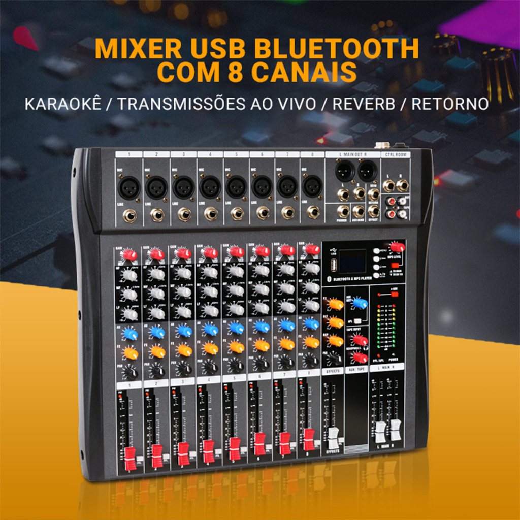 VEDO Misturador USB profissional de 8 canais Mesa de mistura de som de áudio Placa de efeitos digitais MP3 Player Consolas de gravação de palco de computador