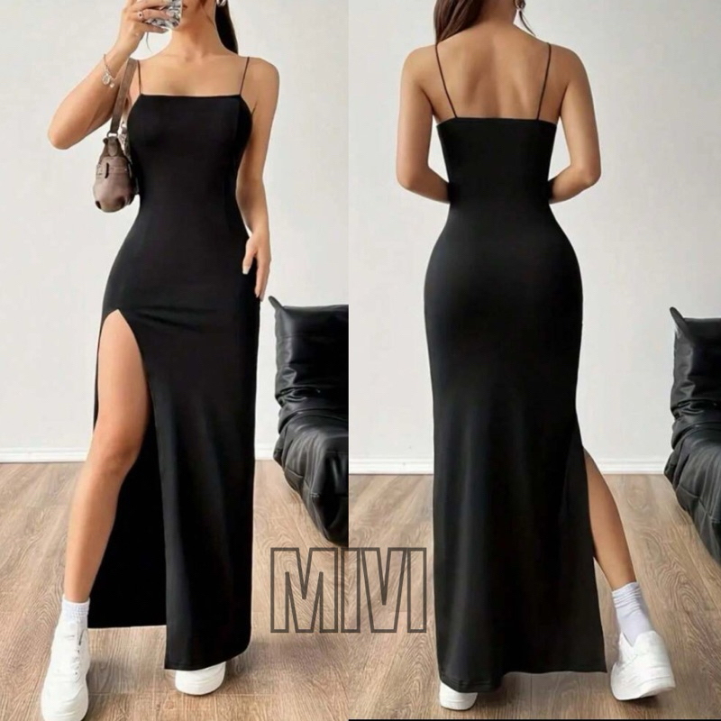 Vestido Longo feminino com Fenda Sensual alças Finas tecido canelado