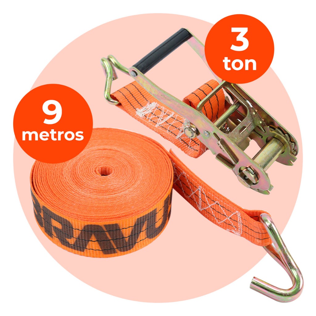 Conjunto Cinta Catraca 3T 9M Gancho J Aço Reforçado Resistente para Transporte de Cargas Pesadas - Spare Parts and Accessories for Vehicles