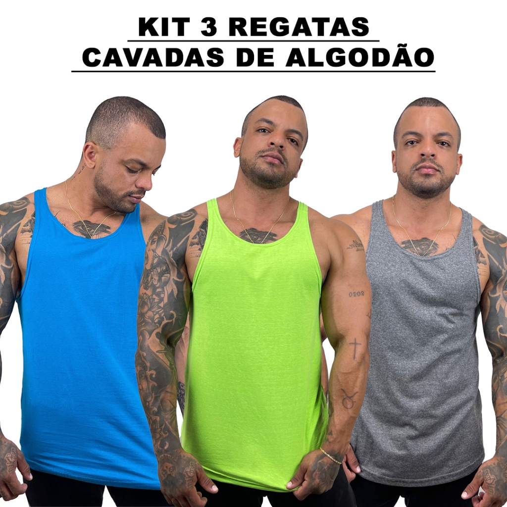 Kit 3 Regatas Masculina Cavadas Azul Turquesa + Verde Neon + Cores Nadador Algodão Básica Bombey