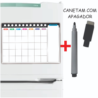 Imã de Geladeira Planner Mensal Magnético com Caneta Escreve e Apaga em Oferta na Shopee
