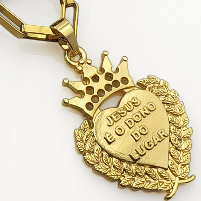 Colar Corrente Corrente Meia 4MM Antiga Pingente Coração Jesus é Dono do Lugar G Banhado a Ouro 18K em Oferta na Shopee