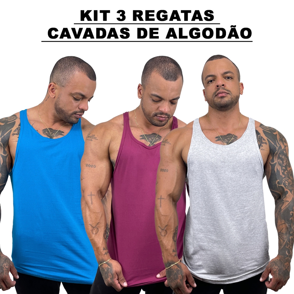 Kit 3 Regatas Masculina Cavadas Azul Turquesa + Bordo + Cores Nadador Algodão Lisa Básica - Bombey