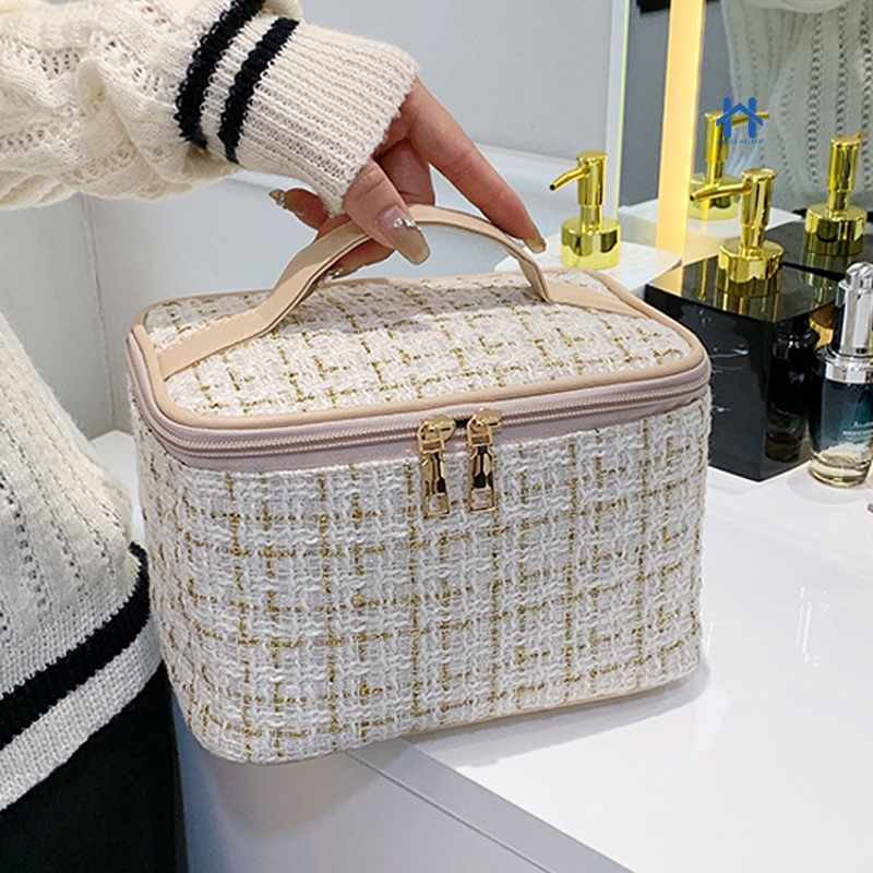 Bolsa Necessaire Tweed Feminina para Maquiagem com Zíper Para Viagem, Mochila, Alça em Courinho