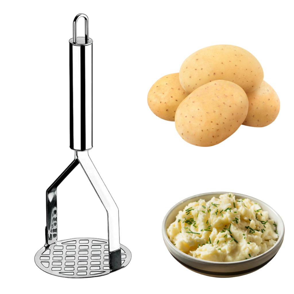 Amassador de batatas Inox Utensílios de cozinha Alta qualidade Durável Ergonômico Fácil de limpar Máquina de lavar louça Cozinha moderna Ferramenta culinária Purê de batatas Vegetais cozidos Aço inoxidável Desconto Oferta especial Versatilidade Design ele