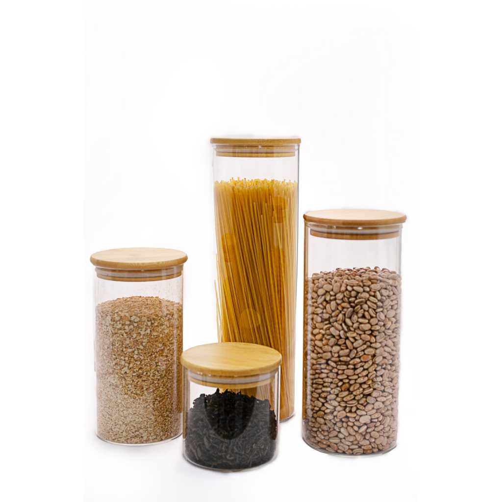 Kit 4 Potes Herméticos de vidro  com Tampa de Bambu para Cozinha 500ml 1100ml 1650ml 2000ml para Mantimentos