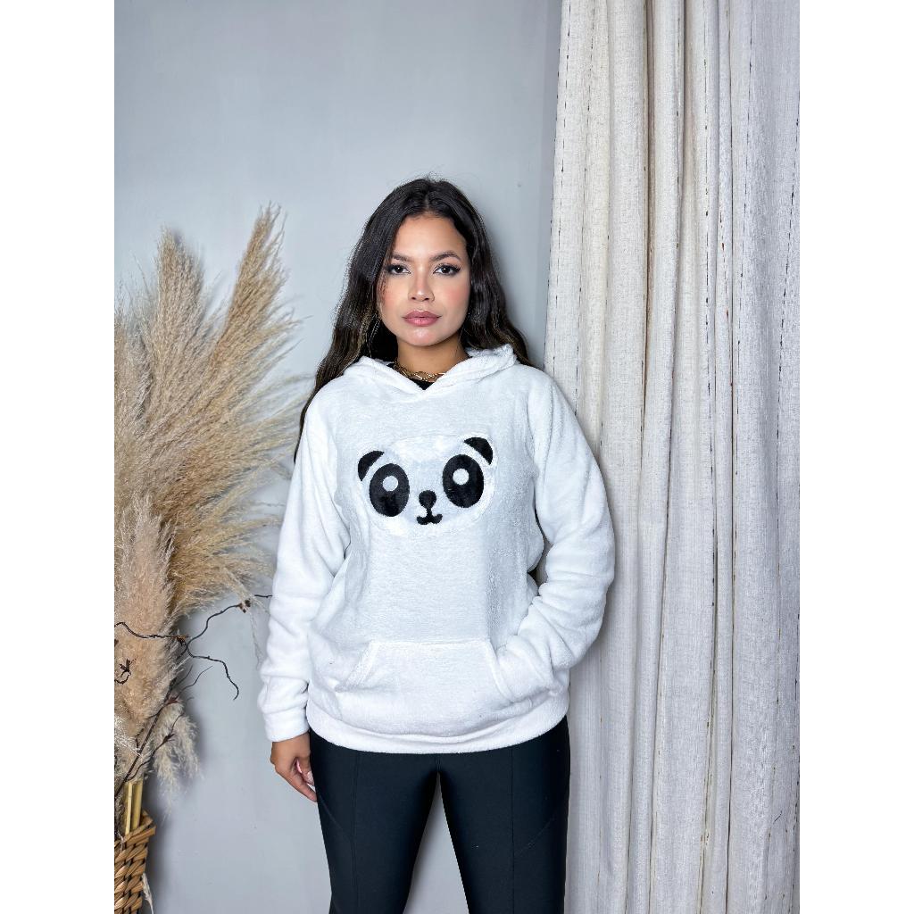 Blusa Moletom Feminina Pelucia com Capuz - Estampa de Panda - Super Confortável! em Oferta na Shopee