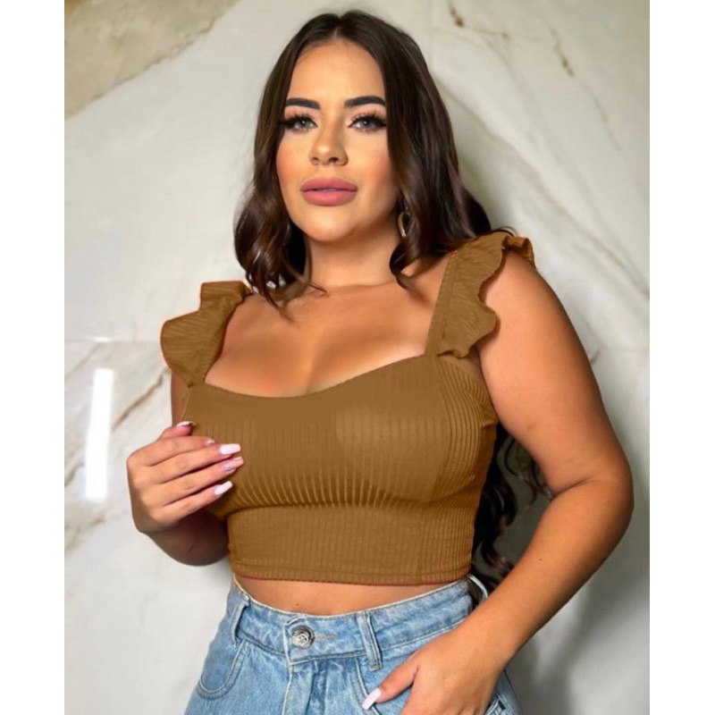 Cropped regata Com Alcinha Babado na alça Canelado Blogueira Bojo Blusinha blogueira
