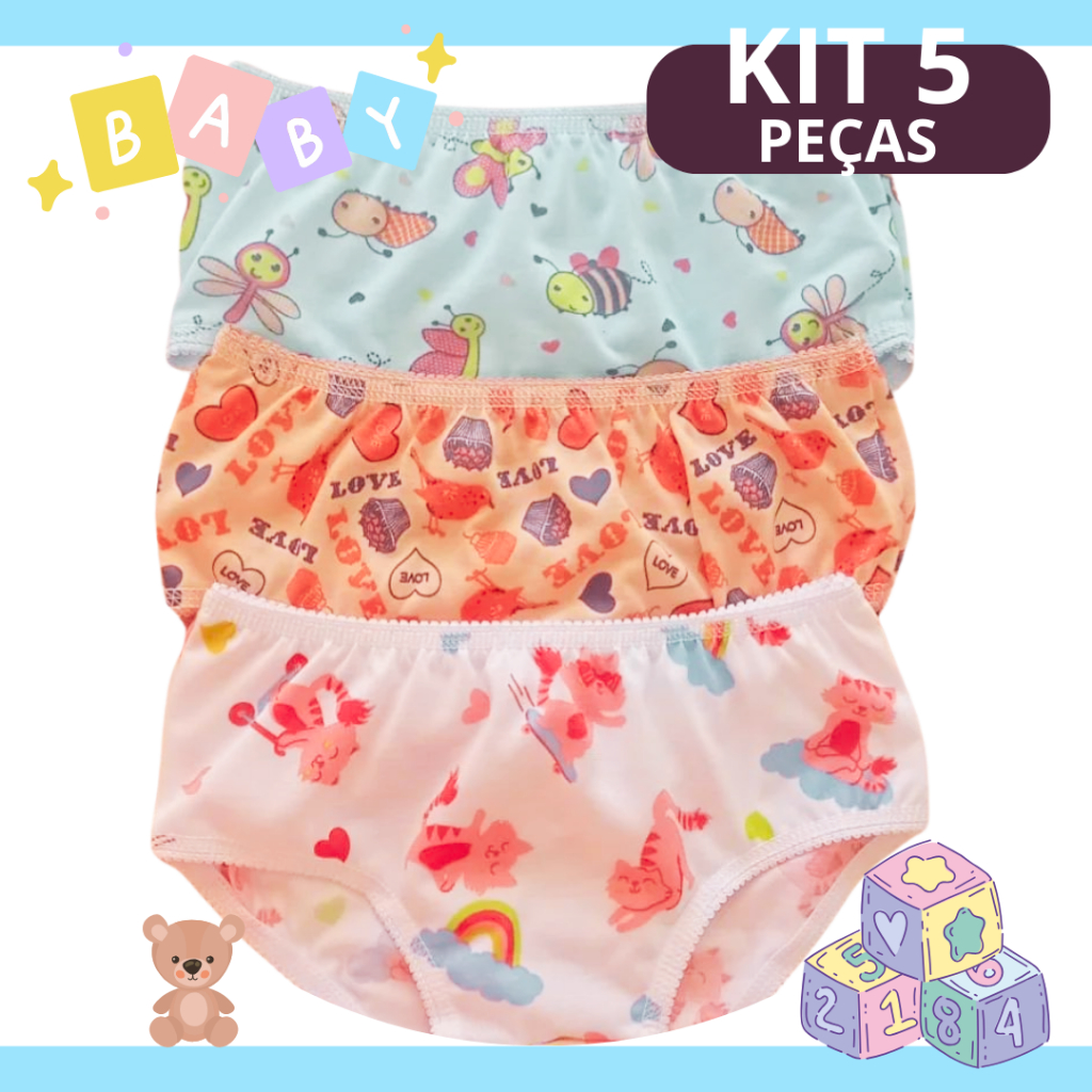 Kit 5 Calcinhas Infantis Femininas: Calcinhas Fofas e Confortáveis com Lindas Estampas - Calcinha Forrada - Roupa Intima para Meninas