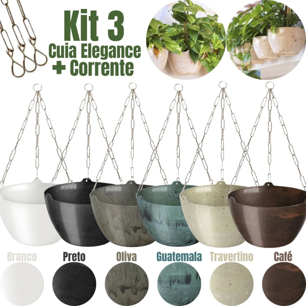 Kit 3 Cachepo Decorativo Elegance Cuia 01 Suspenso Para Planta Pendente + 3 Suporte Corrente 44cm Para Samambaia