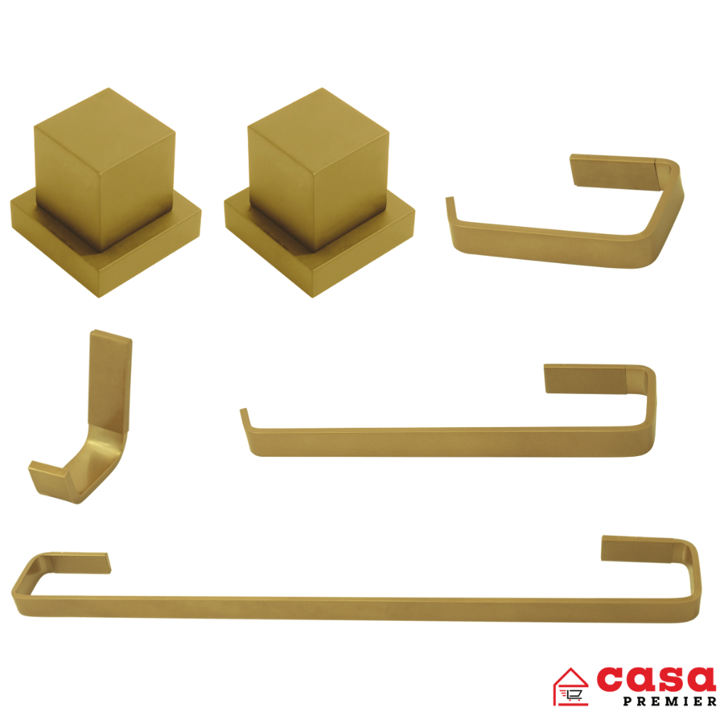 Kit Acessórios Banheiro Quadrado Dourado Fosco + 2 Acabamentos Metal Registro Quadrado Padrão Deca