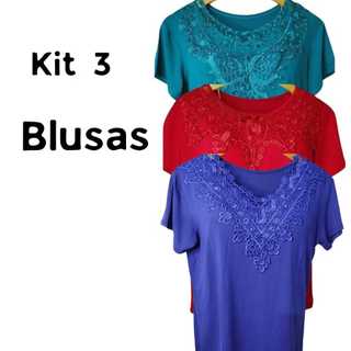 kit com 3  blusa plus size feminina tecido canelado detalhe de renda na gola.