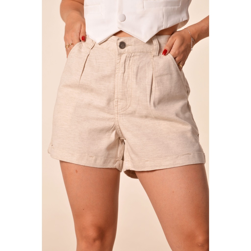 Short Feminino Linho Social Cintura Alta Bolso Faca
