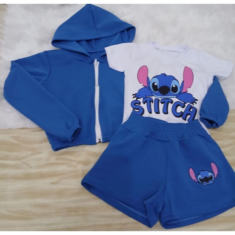 Conjunto Infantil 3 peças do Stitch, short, casaco e blusa, bem blogueirinha