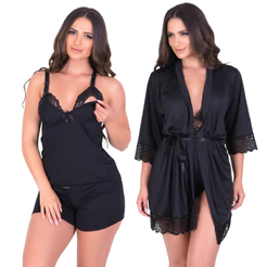 Kit com Baby Doll Sem bojo de Amamentação e Robe de Microfibra com Renda Pijama de Amamentar Sexy