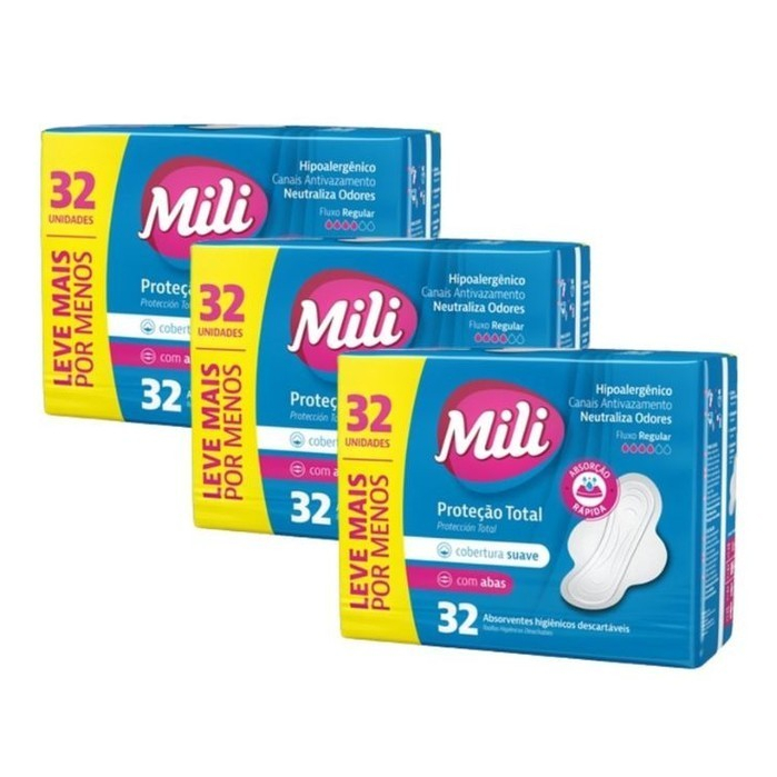 Kit 3 Absorvente Mili Proteção Total Suave com Abas 32un em Oferta na Shopee