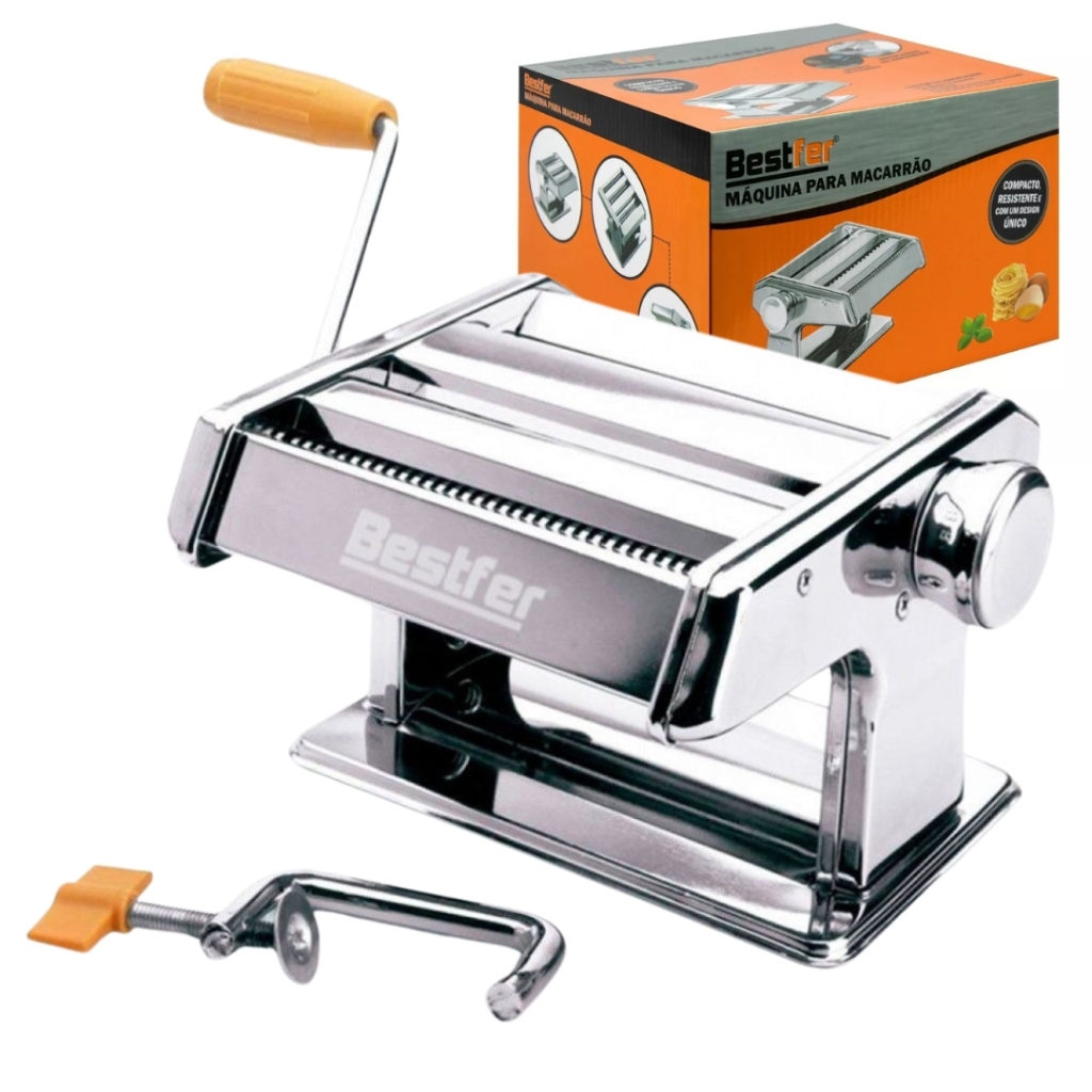Máquina de Macarrão Massa Caseira Pastel Profissional Inox com Manivela 3 Tipos Bestfer BFH1679