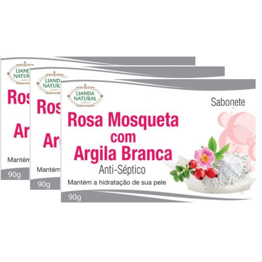 Kit com 03 sabonetes Rosa Mosqueta com Argila Branca Lianda Natural 90g