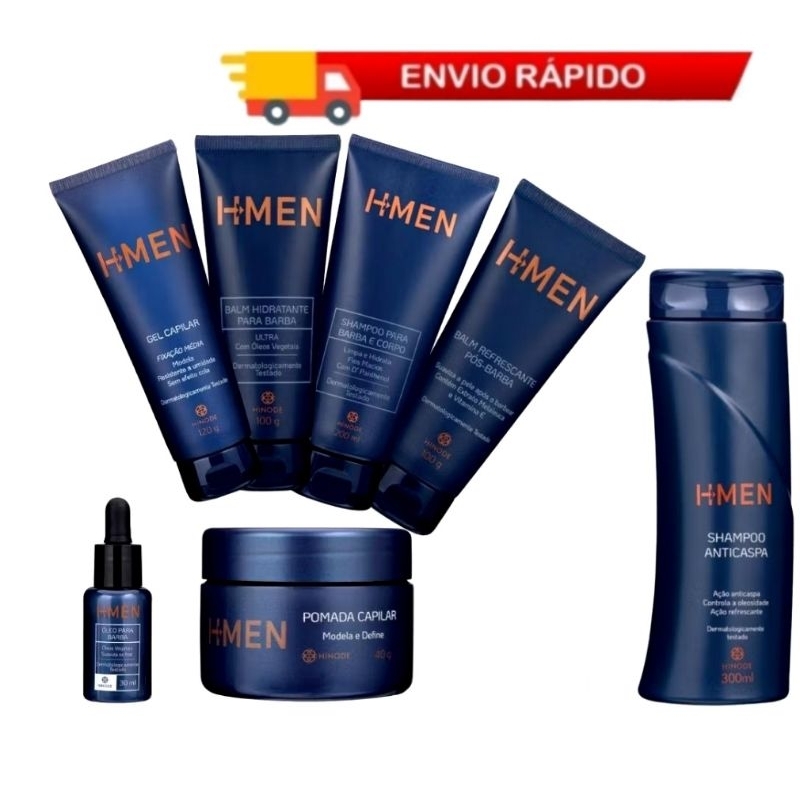 H Men Hinode Cuidados Masculino-Balm Pós Barba e Hidrante/Óleo Barba/Shampoo Anti Caspa/Barba Corpo/Pomada