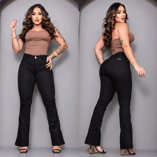 Calça Flare Jeans Preta Feminina Elastano Cintura Alta Modela Corpo Boca Sino Casual Social 36 ao 46 em Oferta na Shopee