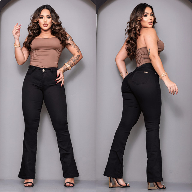 Calça Flare Jeans Preta Feminina Elastano Cintura Alta Modela Corpo Boca Sino Casual Social 36 ao 46