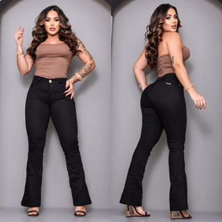 Calça Flare Jeans Preta Feminina Elastano Cintura Alta Modela Corpo Boca Sino Casual Social 36 ao 46