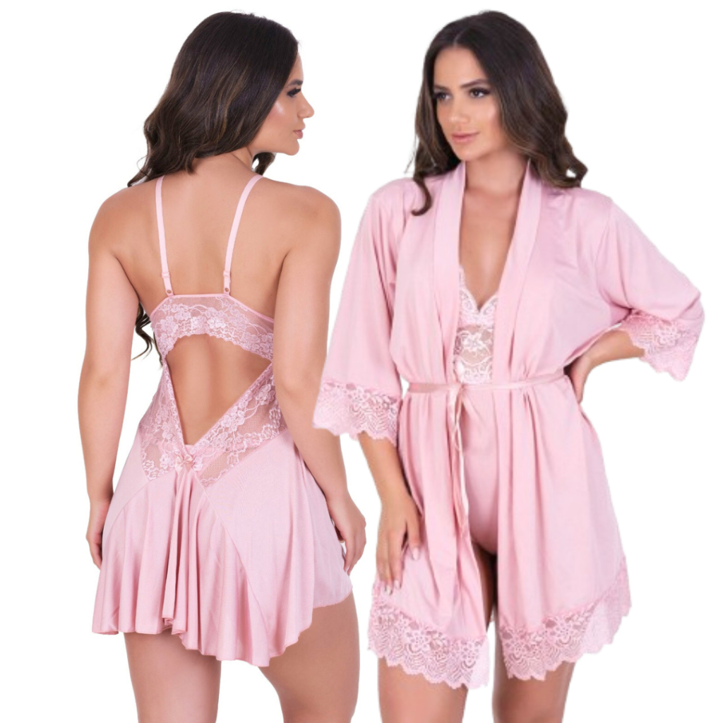 Camisola com Robe Feminino Sensual Kit Sexy Camisola com Abertura nas Costas E Hoby de Renda e Cetim