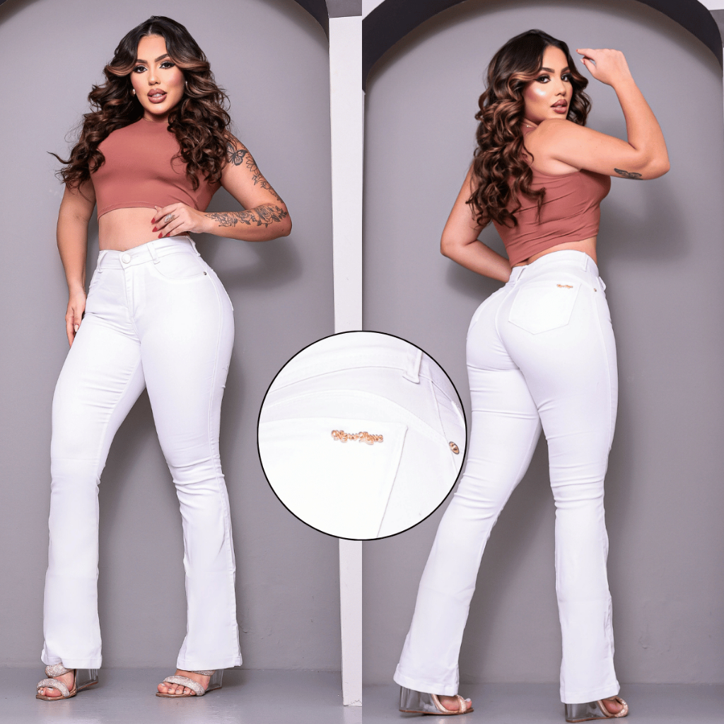Calça Jeans Flare Feminina Branca Cintura Alta Boca Sino Lycra Modela Corpo Justa Casual Elegante em Oferta na Shopee