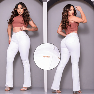 Calça Jeans Flare Feminina Branca Cintura Alta Boca Sino Lycra Modela Corpo Justa Casual Elegante em Oferta na Shopee