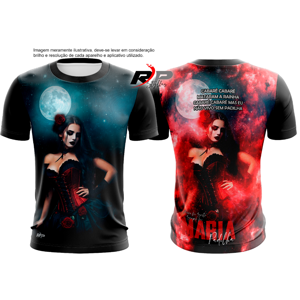 RP Styllus camiseta religiosa Maria padilha do cabaré Umbanda Candomblé tecido 100% poliéster Dry Fit