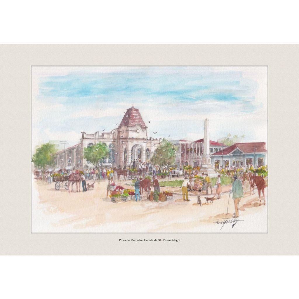 Pintura em Aquarela | Praça do Mercado - Década de 50 - Pouso Alegre | Decoração Elegante | A4