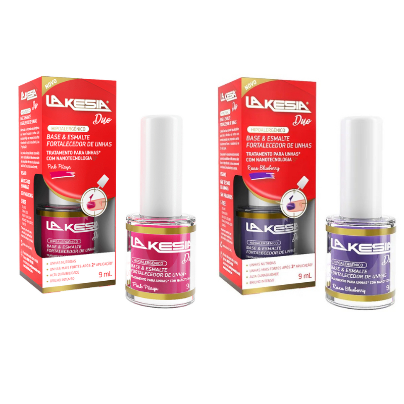 Kit com 2 Fortalecedor de unhas Lakesia 9 ml - Roxo Blueberry - Pink Pitaya