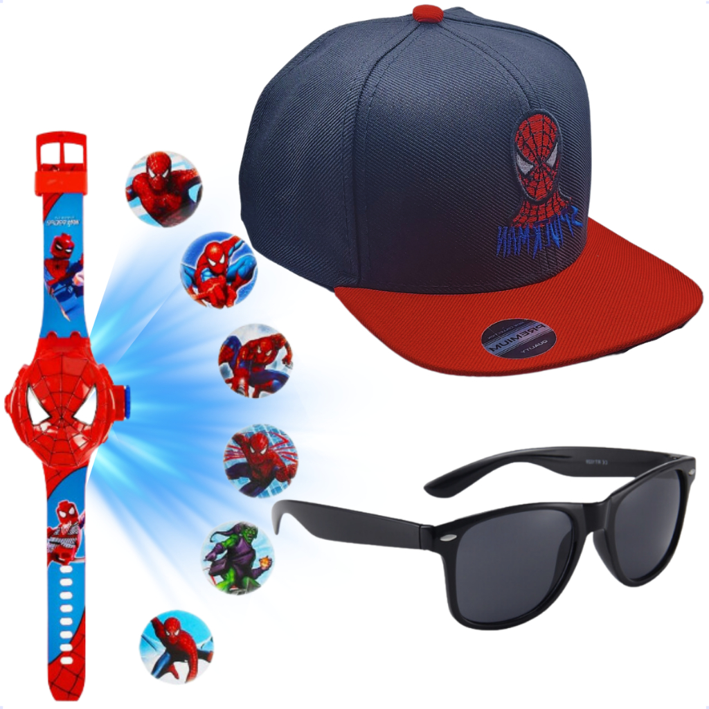 Kit Relógio Led Digital Projetor + Óculos Sol + Boné Criança Homem-Aranha Infantil Eletrônico Menino
