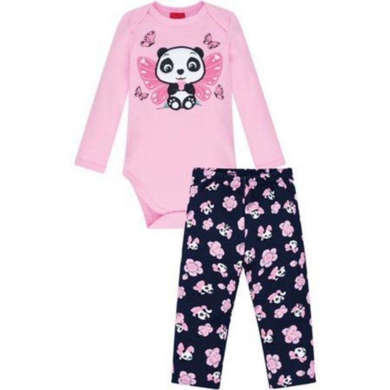 Conjunto Infantil Menina Kyly Body Rosa Panda E Calça Moletom Peluciado Quentinho Inverno Confortável Original Bordado
