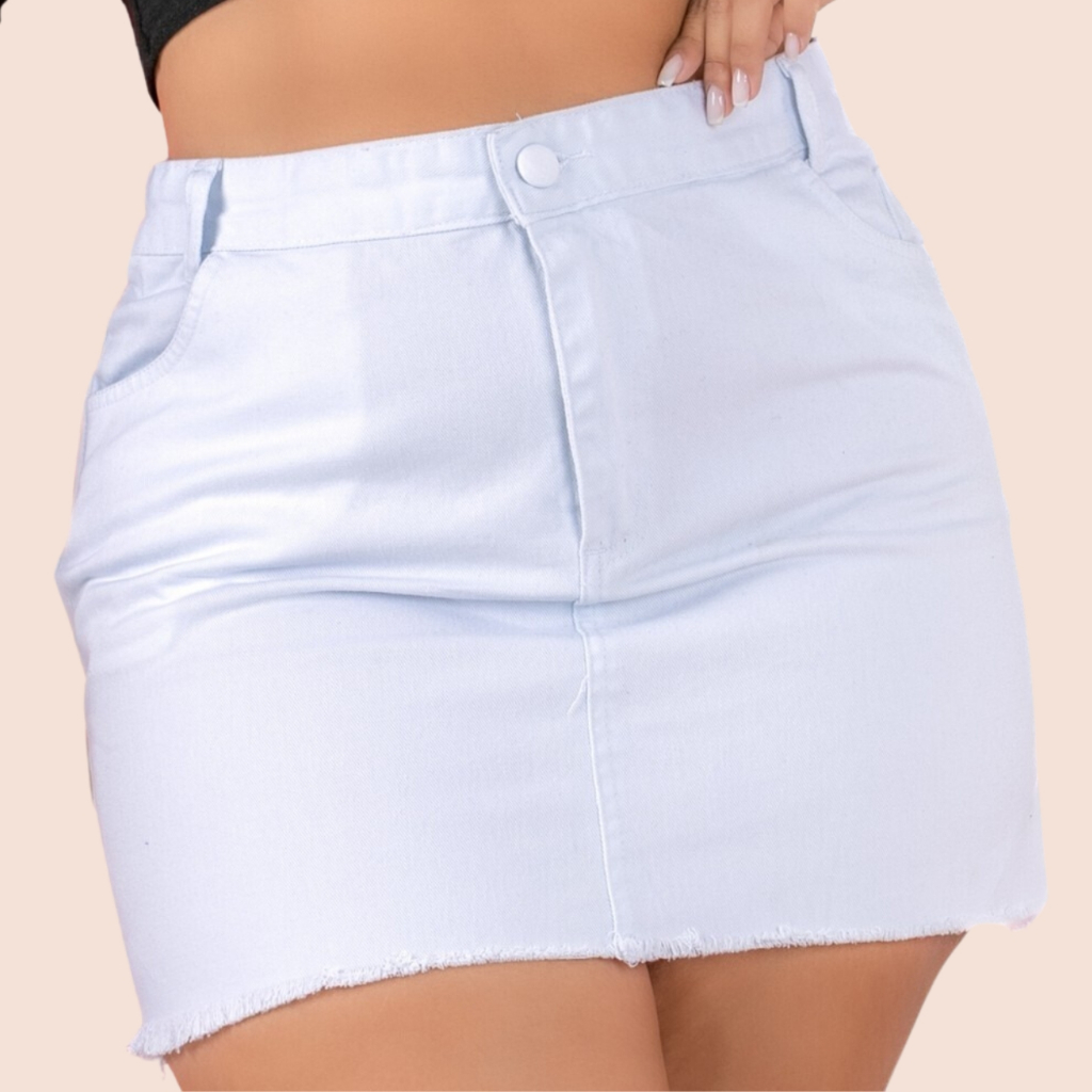 Saia Jeans Branca Plus Size Barra Desfiada em Oferta na Shopee