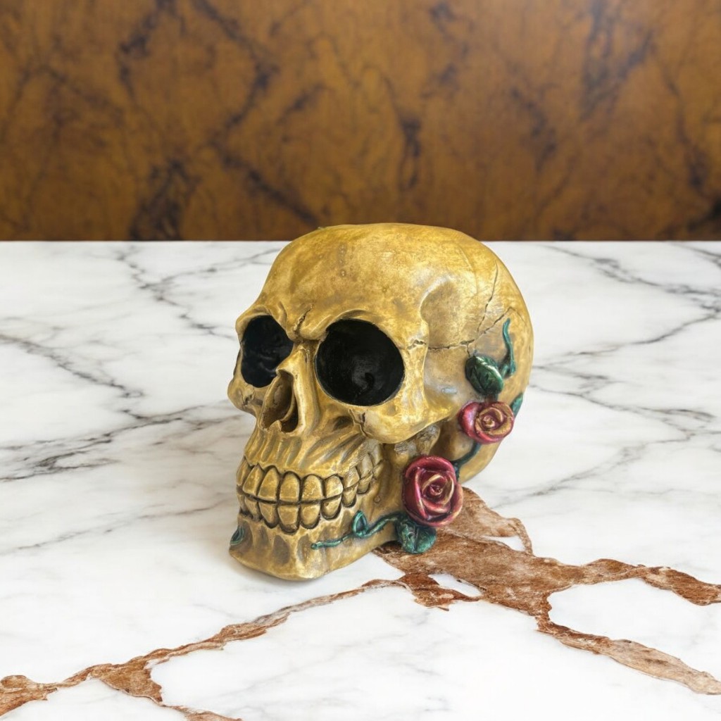Crânio Rosa Caveira Esqueleto Gesso Estatueta Decorativa