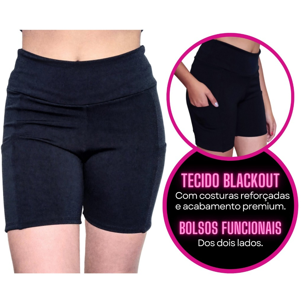 Bermuda feminina Suplex tubular Premium Academia Blackout  com Bolso lateral Zero transparência lazer caminhada