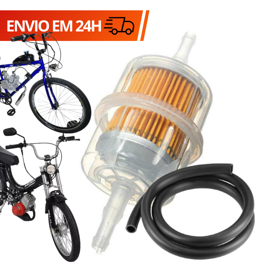 Filtro Combustivel Gasolina Universal + Mangueira Gasolina Universal 20cm Mobilete Bicicleta Bike Motorizada 80cc