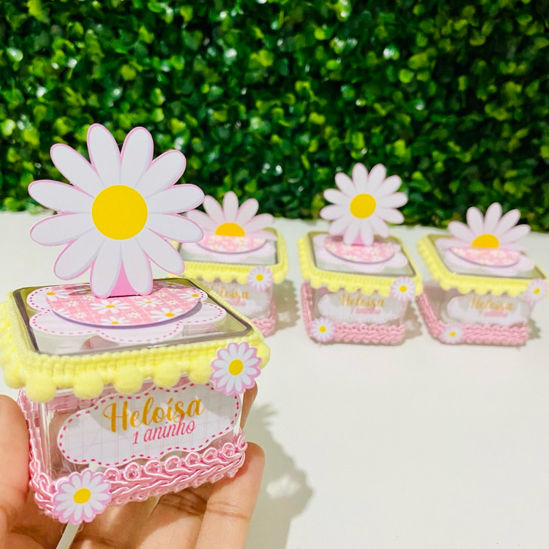 Kit 10 Caixas Acrílica 5x5 Margarida Lembrancinha Personalizada Luxo | Festa Infantil