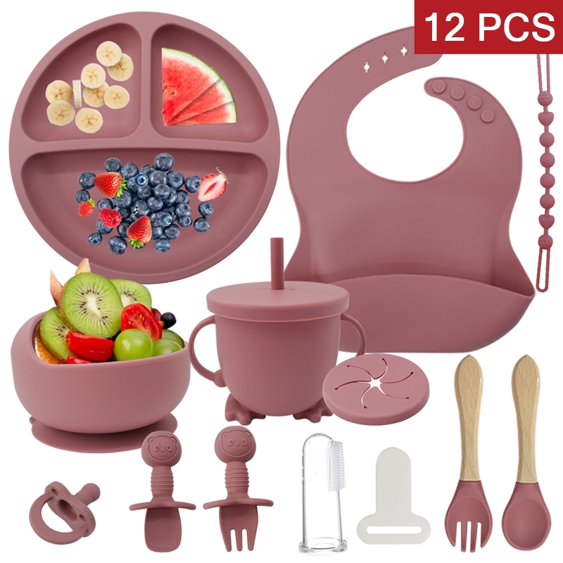 Talheres do Bebê 12 PCS/Conjunto talheres de silicone para bebês Prato de jantar com ventosa Prato tigela de arroz copo babador chupeta colher garfo escova de dentes em Oferta na Shopee