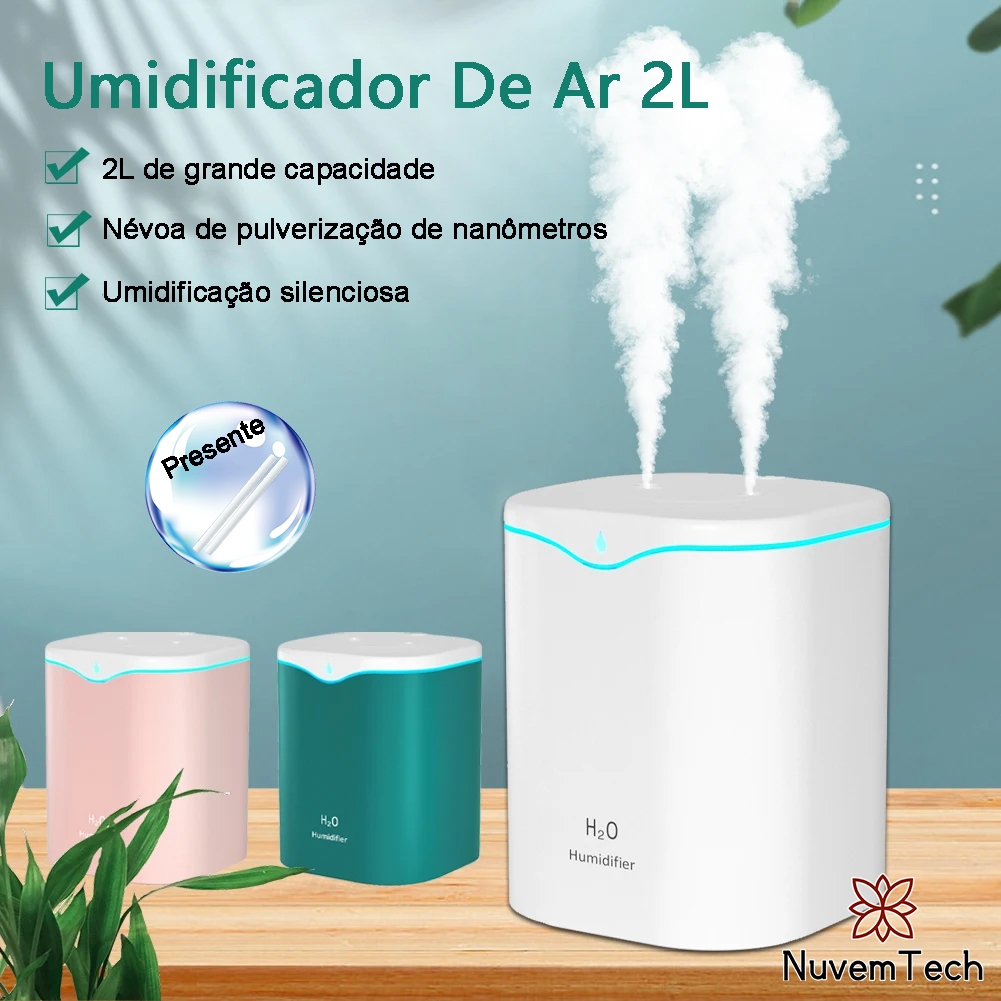 Umidificador De Ar 2 Litros Grande Aromatizador De Ambiente USB LED Purificador Difusor De Aroma Ultrassônico Bico Duplo em Oferta na Shopee